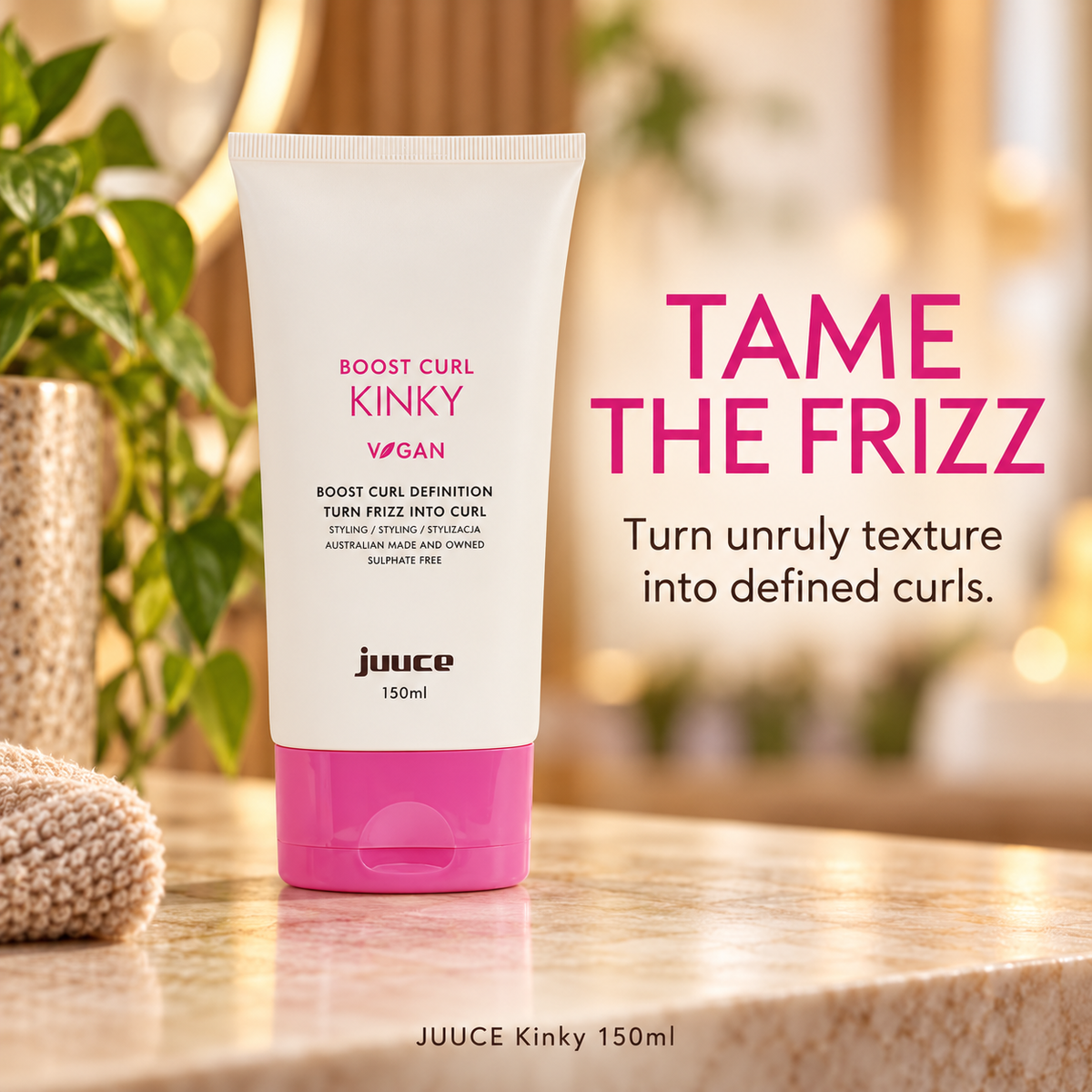 JUUCE Kinky 150ml: TAME THE FRIZZ. Turn unruly texture into defined curls.