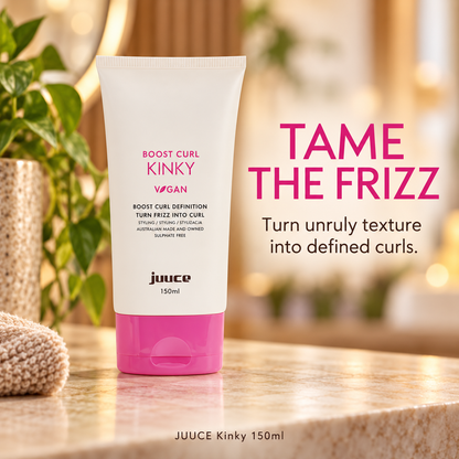 JUUCE Kinky 150ml: TAME THE FRIZZ. Turn unruly texture into defined curls.