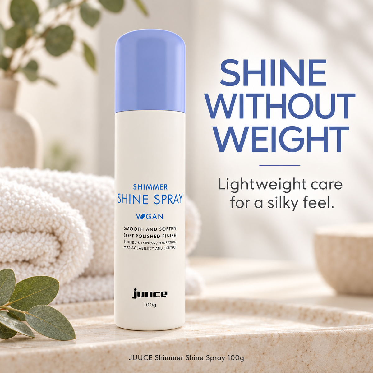 JUUCE Shimmer Shine Spray 100g: SHINE WITHOUT WEIGHT. Lightweight care for a silky feel.