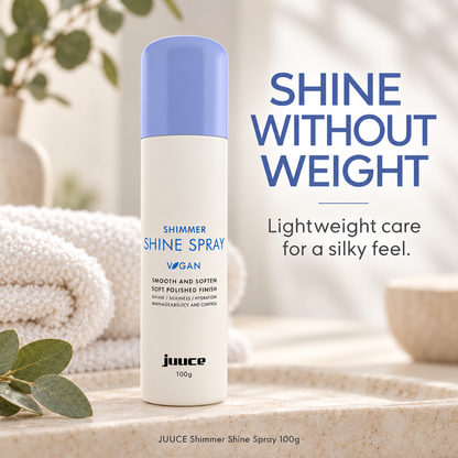 JUUCE Shimmer Shine Spray 100g: SHINE WITHOUT WEIGHT. Lightweight care for a silky feel.
