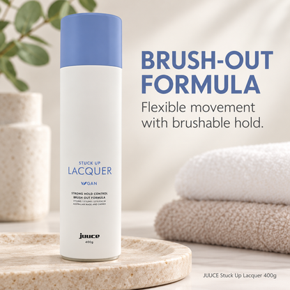 JUUCE Stuck Up Lacquer 400g: BRUSH-OUT FORMULA. Flexible movement with brushable hold.