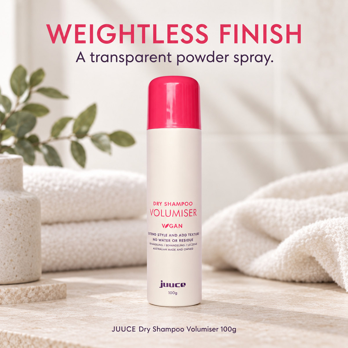 JUUCE Dry Shampoo Volumiser 100g: WEIGHTLESS FINISH. A transparent powder spray.