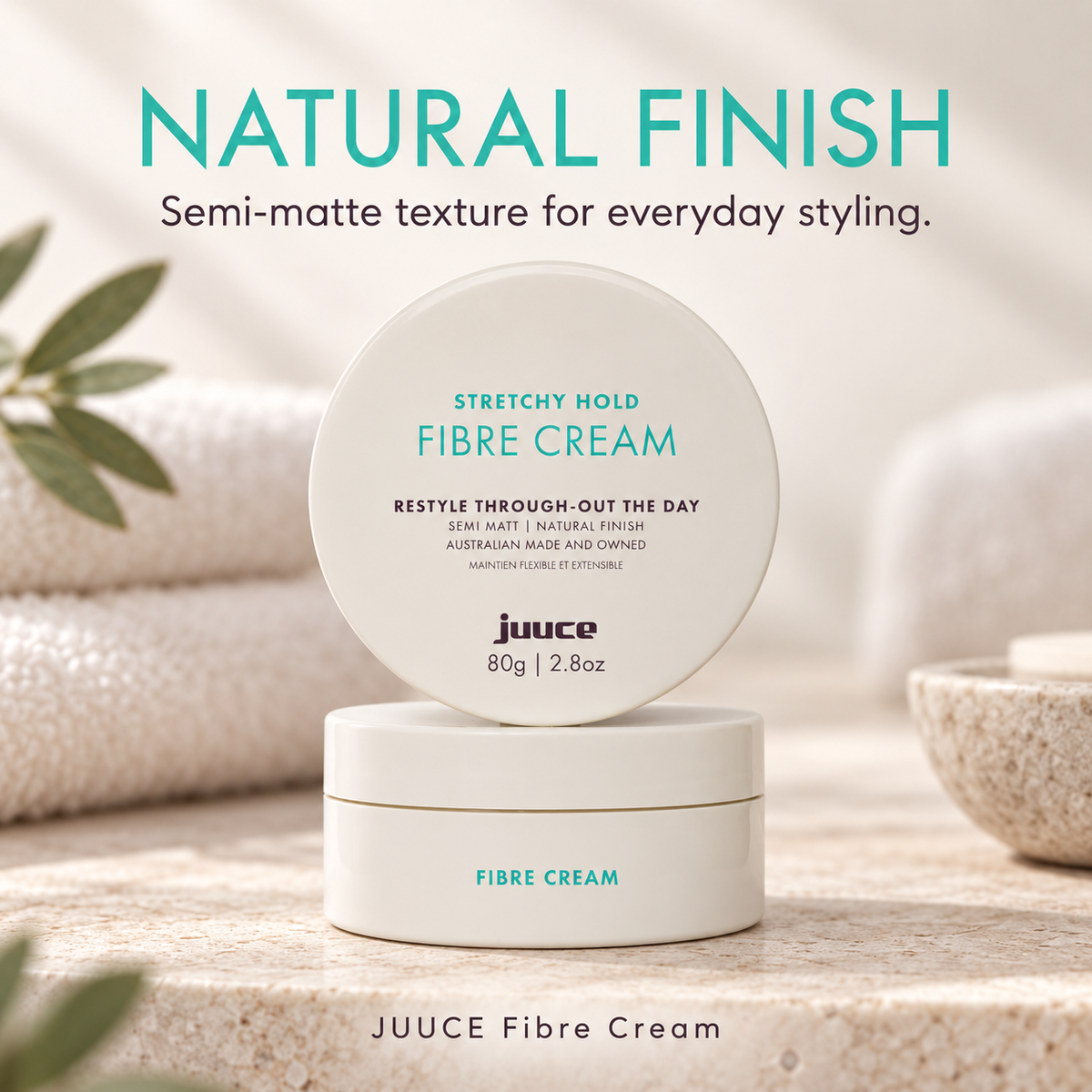 JUUCE Fibre Cream 80ml: NATURAL FINISH. Semi-matte texture for everyday styling.
