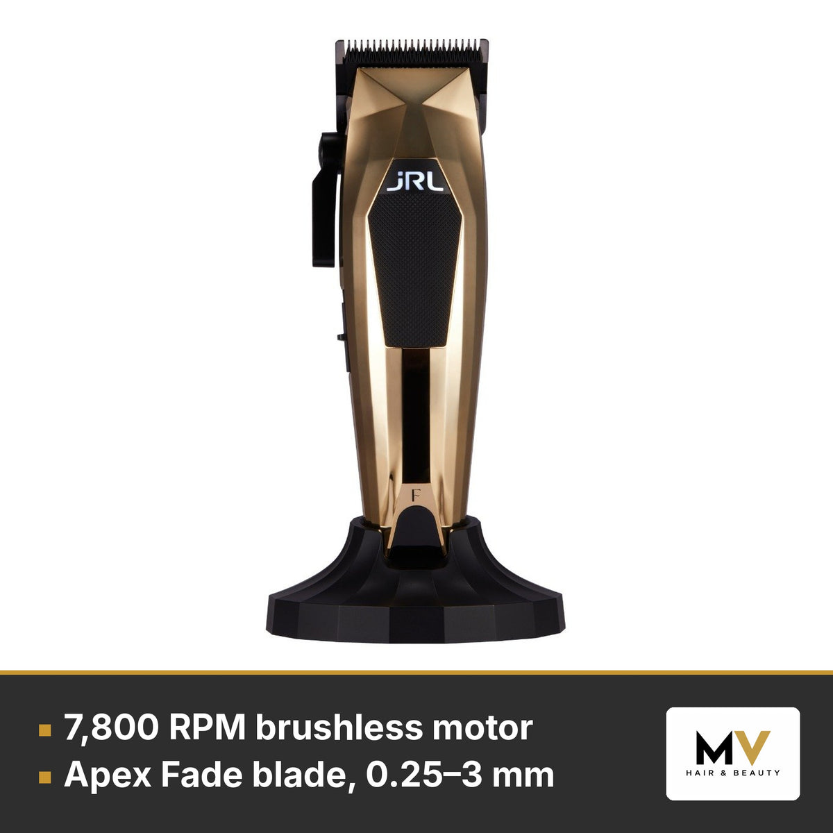 JRL 3000C Gold Clipper & Vortice.1 Dryer Duo – 7,800 RPM brushless motor, Apex Fade blade, 0.25–3 mm