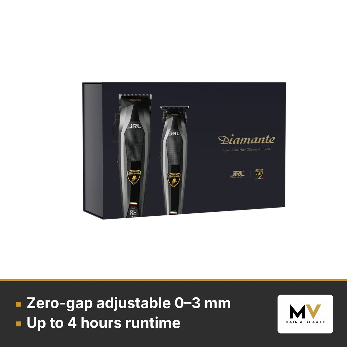 JRL x Lamborghini Black Clipper, Trimmer & Forte Pro Lite Dryer Trio – Zero-gap adjustable 0–3 mm, Up to 4 hours runtime