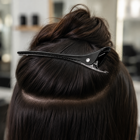 Black 999 sectioning clip holding a clean section of dark hair