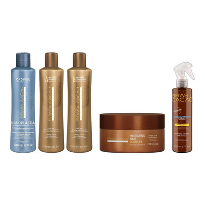 Brasil Cacau NanoPLASTIA Professional Kit 3 x 300ml, Hydrating Hair Complex 200ml & Gradual Smooth Serum 215ml Trio