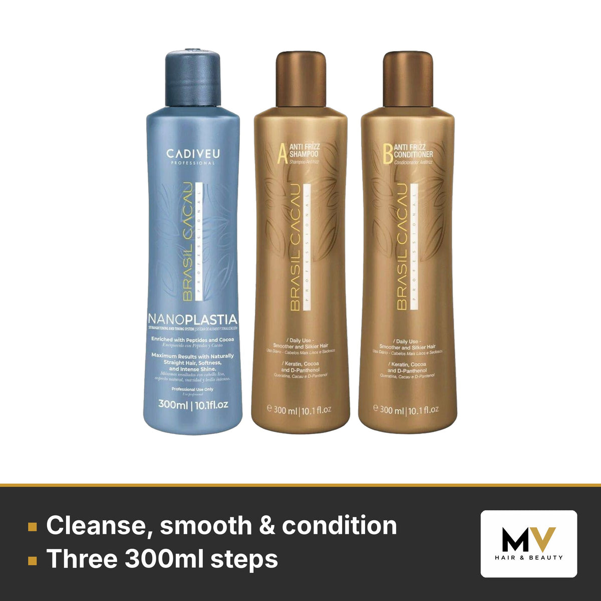 Brasil Cacau NanoPLASTIA Professional Kit 3 x 300ml, Hydrating Hair Complex 200ml & Gradual Smooth Serum 215ml Trio