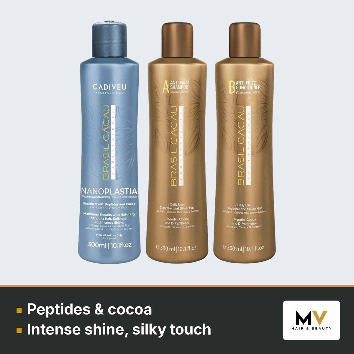 Brasil Cacau NanoPLASTIA Professional Kit 3 x 300ml, Hydrating Hair Complex 200ml & Gradual Smooth Serum 215ml Trio