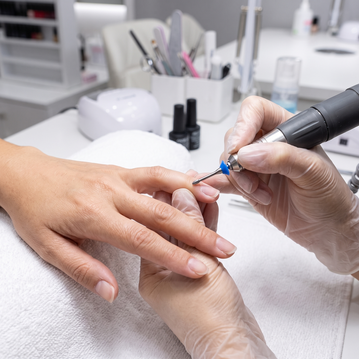 Nail technician using ACOS cuticle drill bit