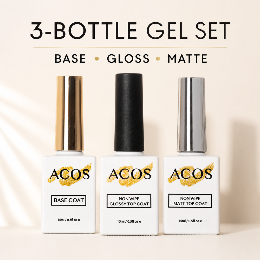 ACOS three-bottle gel set with Base Coat, Non-Wipe Glossy Top Coat and Non-Wipe Matte Top Coat