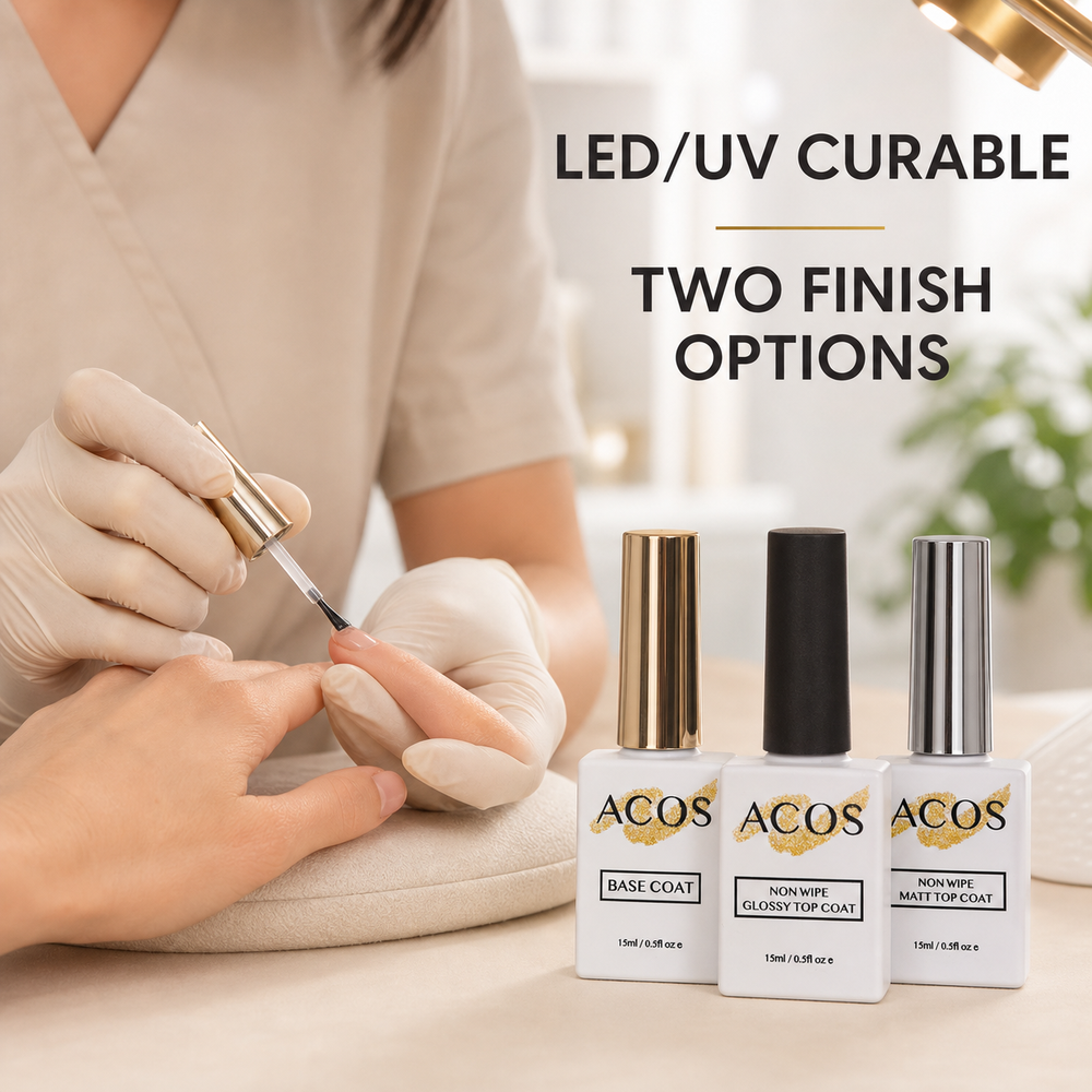 Nail technician applying the ACOS LED and UV curable base, glossy and matte gel set