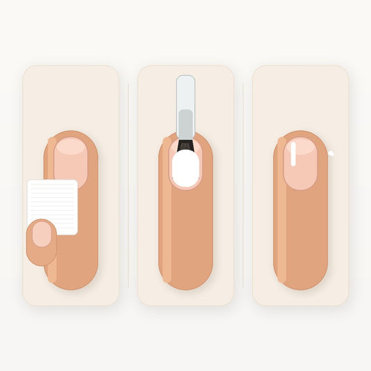 Three-step manicure process showing nail prep, clear base coat application and a glossy finished nail