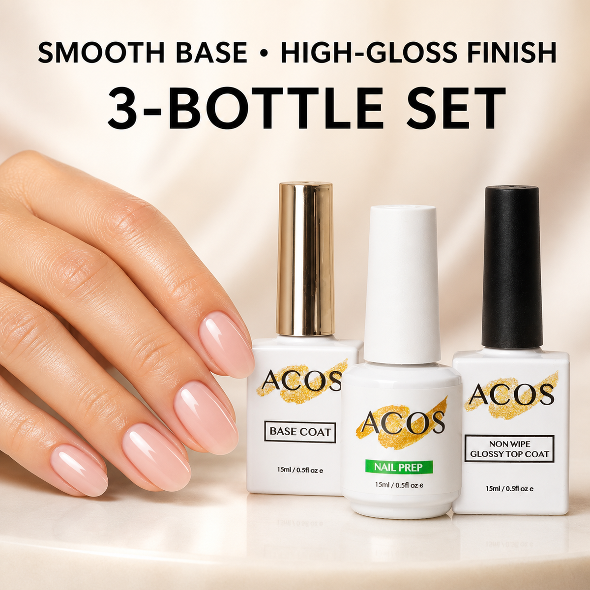 Glossy manicure result with ACOS Nail Prep, Base Coat and Non-Wipe Glossy Top Coat three-bottle set