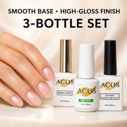 Glossy manicure result with ACOS Nail Prep, Base Coat and Non-Wipe Glossy Top Coat three-bottle set