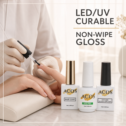 Nail technician using the ACOS LED and UV curable three-step gel set with non-wipe gloss