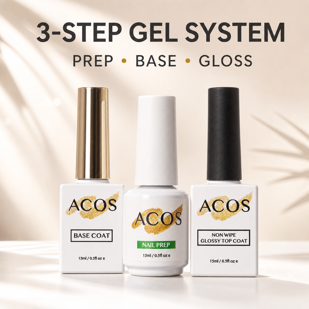ACOS three-step gel system with Nail Prep, Base Coat and Non-Wipe Glossy Top Coat
