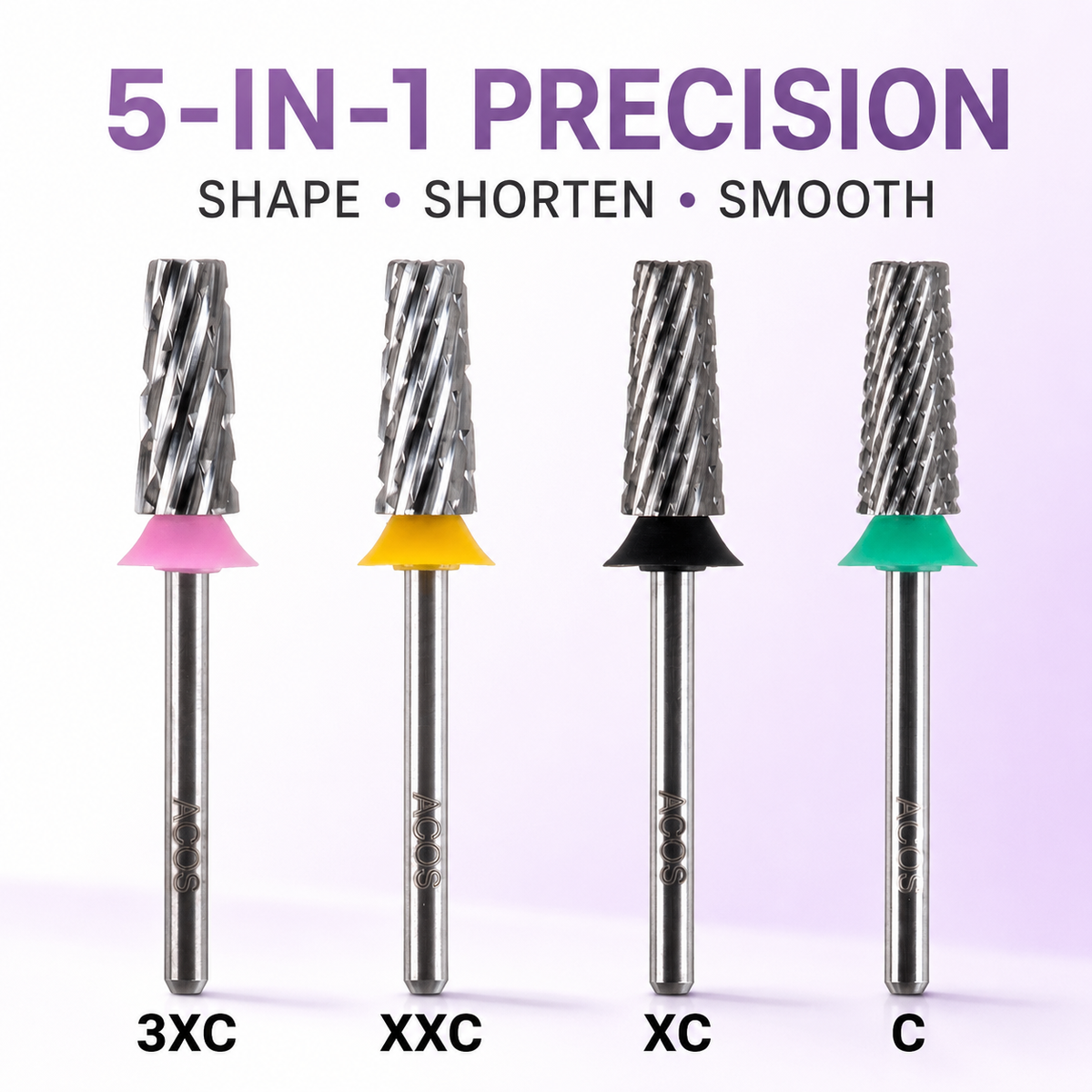 ACOS 5 in 1 Cross Cut 001 carbide nail drill bits showing four coarseness grades and precision benefits