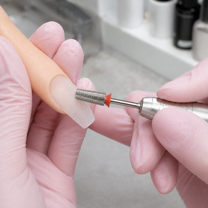Nail technician using an ACOS 5-in-1 cross-cut carbide bit on a practice acrylic nail