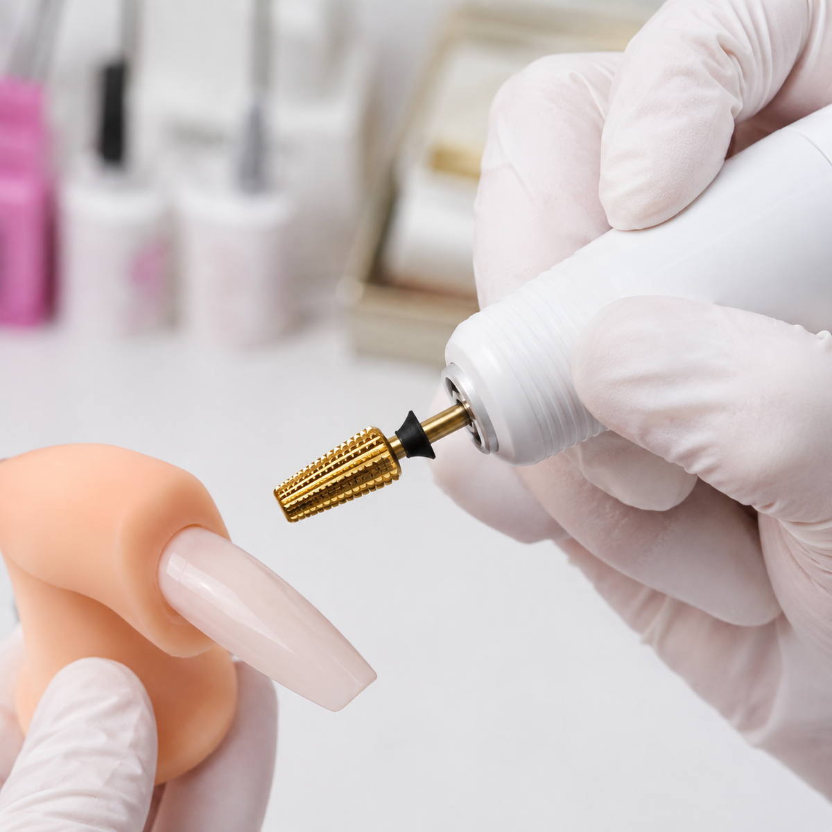 ACOS gold straight-cut drill bit fitted to an e-file above an artificial practice nail