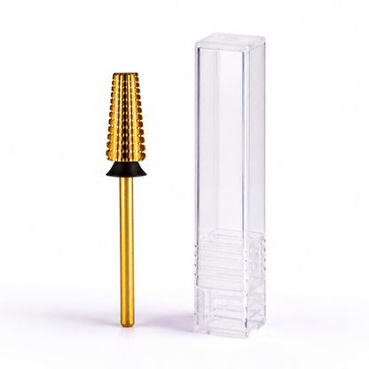 ACOS gold straight-cut nail drill bit with black grit ring and clear protective tube
