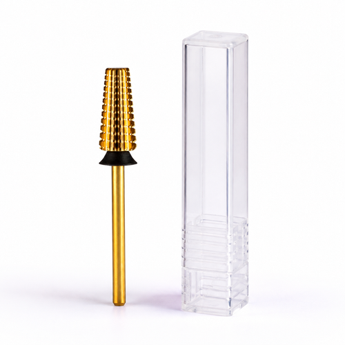 ACOS gold straight-cut nail drill bit with black grit ring and clear protective tube