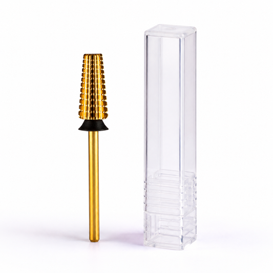 ACOS gold straight-cut nail drill bit with black grit ring and clear protective tube