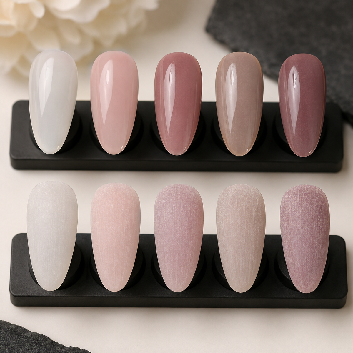 Artificial gel nail samples before and after bulk gel reduction