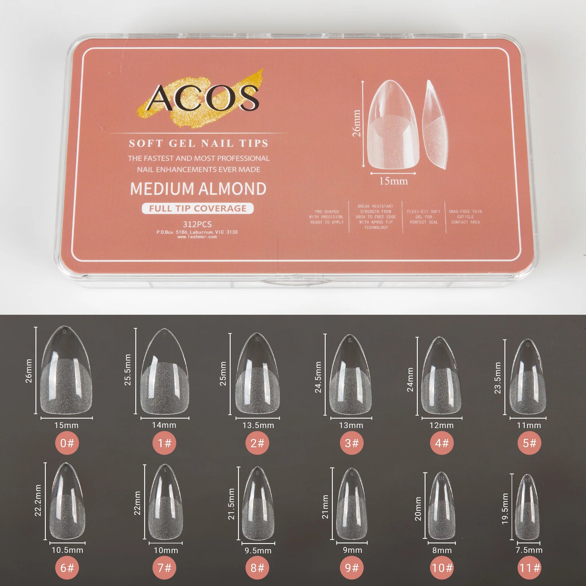 ACOS Soft Gel Nail Tips (Full Tip Coverage) - ALMOND Shape (312pcs/box) - MV hair and beauty