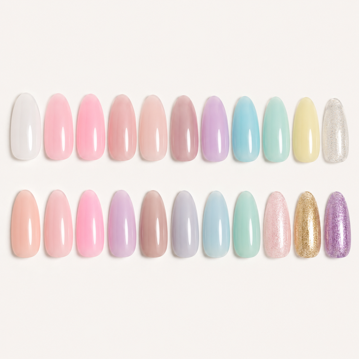 Twenty-two builder gel nail swatches in the kit's pastel and glitter colour range