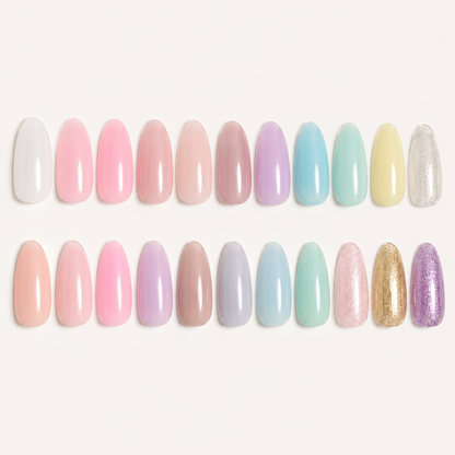 Twenty-two builder gel nail swatches in the kit's pastel and glitter colour range