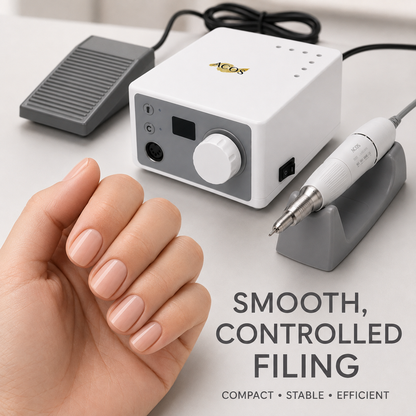 Smooth manicure result with the compact ACOS CUBE nail e-file system