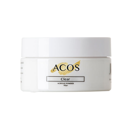 ACOS Clear Acrylic Powder jar with white lid and gold logo