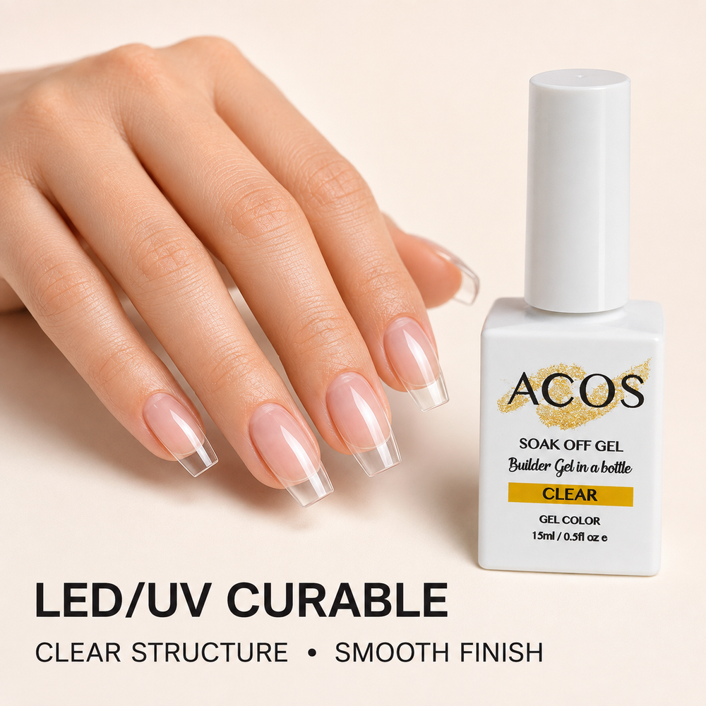 Clear structured nail result with ACOS Builder Gel — LED and UV curable