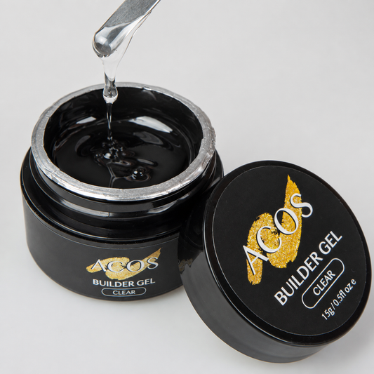 ACOS Builder Gel Clear open jar with transparent gel lifted on a metal spatula