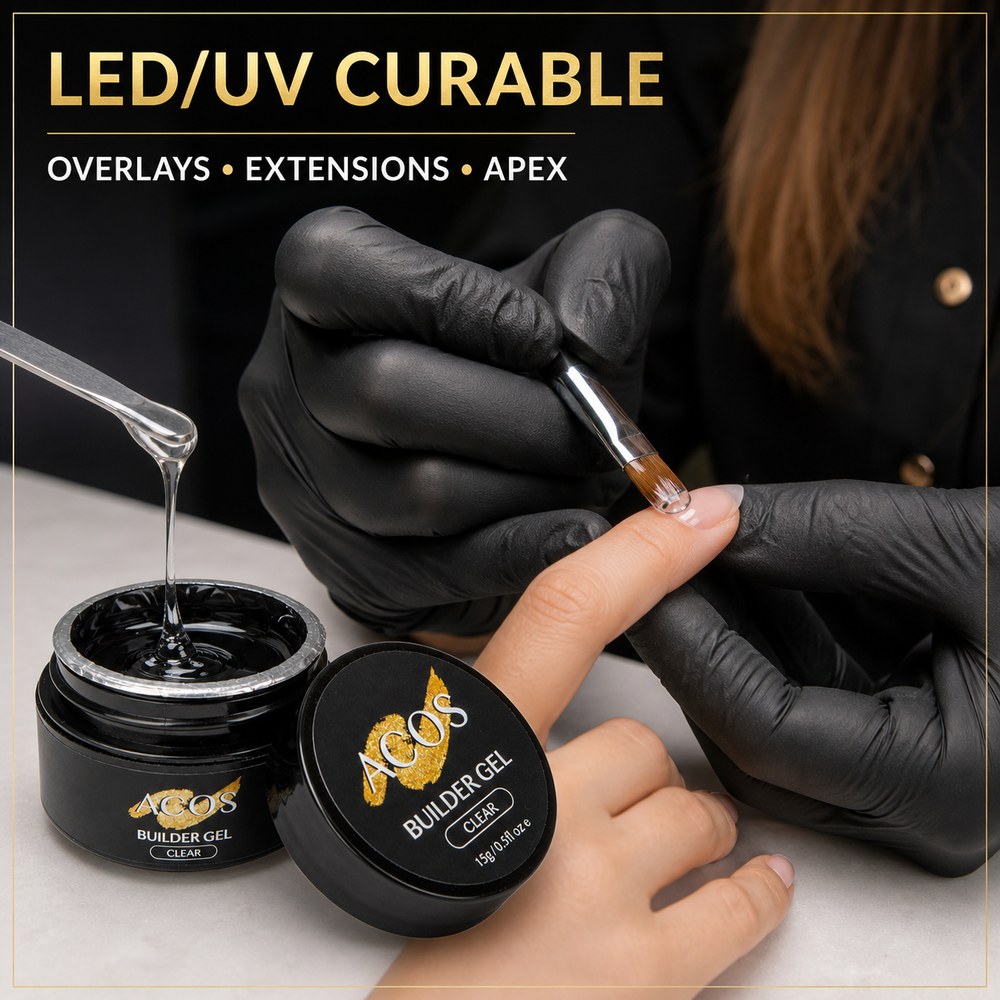 Nail technician applying ACOS Clear Builder Gel for overlays, extensions and apex building