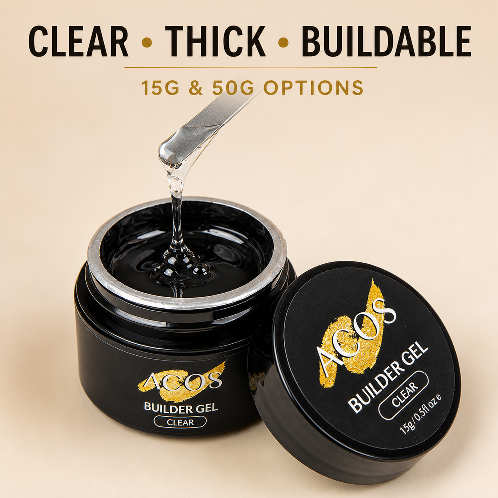 ACOS Clear Builder Gel thick buildable texture with 15g and 50g size options