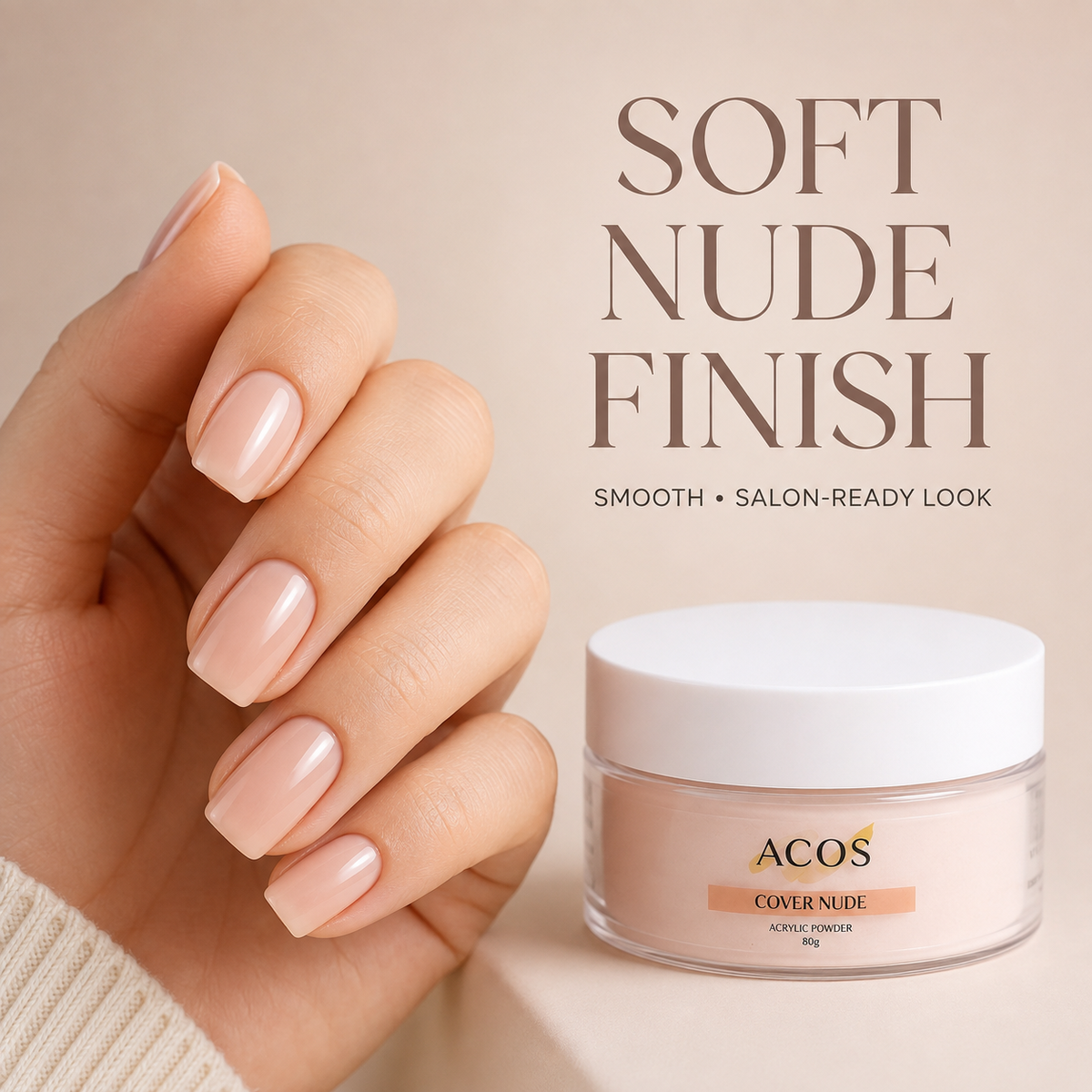 Soft nude salon-ready manicure result with ACOS Cover Nude Acrylic Powder 80g