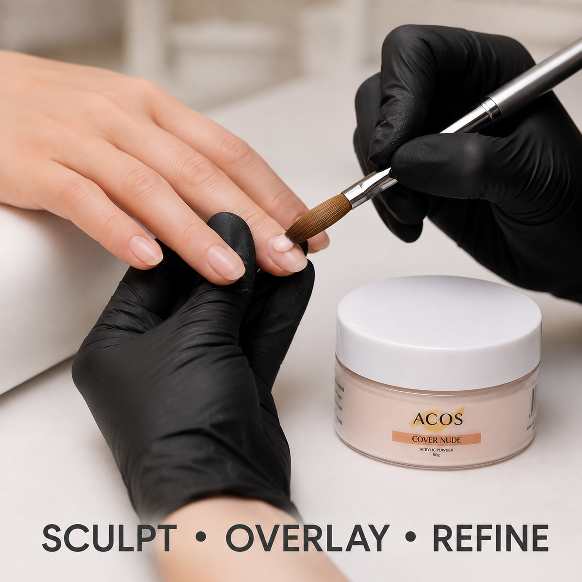 Nail technician using ACOS Cover Nude Acrylic Powder 80g to sculpt and refine an overlay