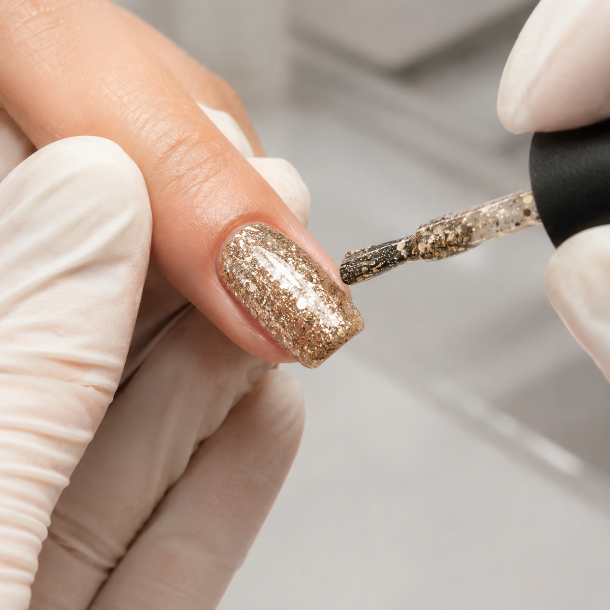 Nail technician applying ACOS Glitter Gold 040 gel polish