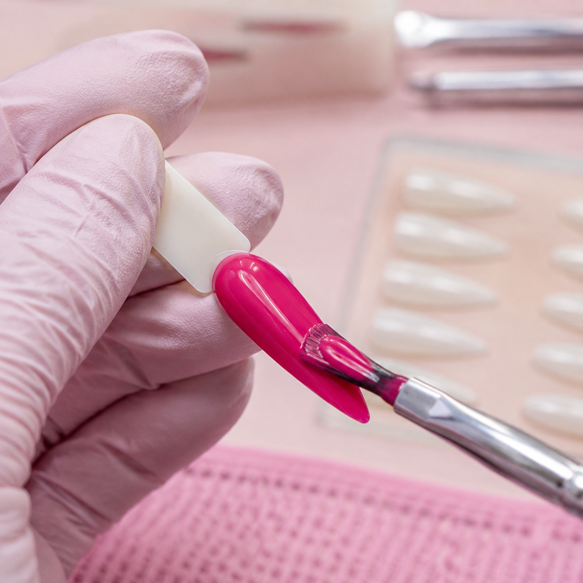 Professional application of Cocktail Pink 073 gel colour to an artificial nail swatch