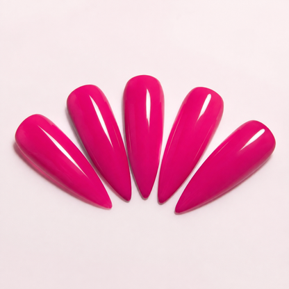 Five glossy artificial nail tips showing ACOS Cocktail Pink 073 gel colour