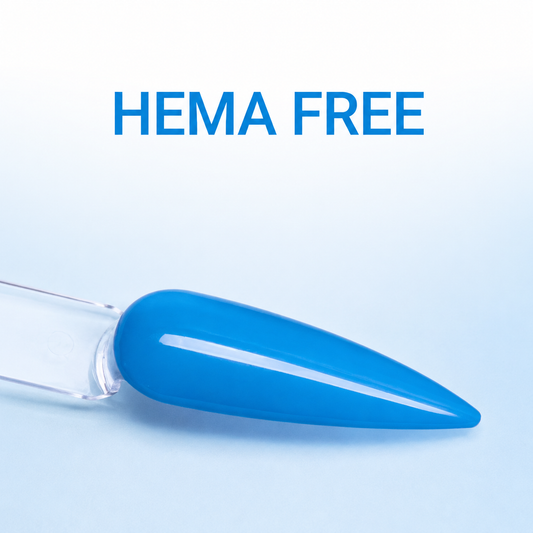 ACOS HF011 Bright Blue gel swatch with HEMA FREE benefit text