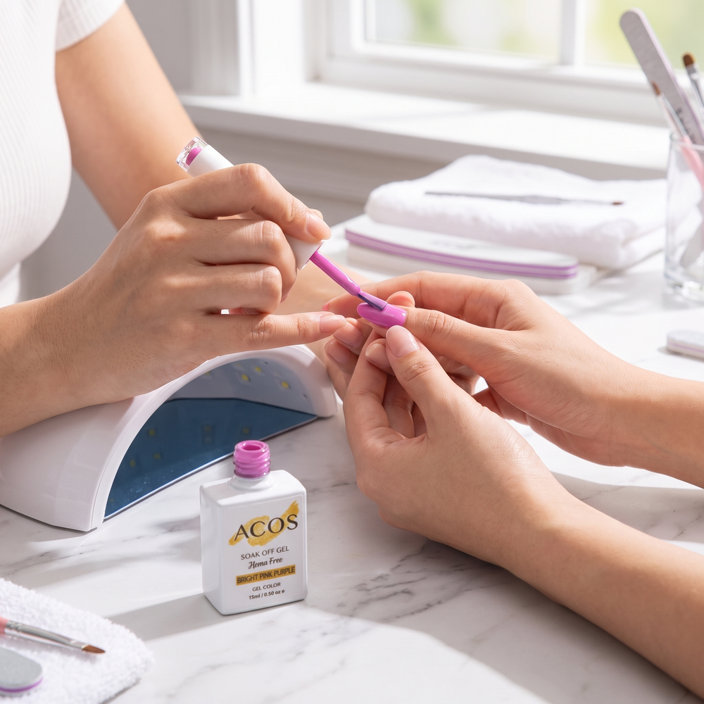Nail technician applying ACOS Bright Pink Purple gel
