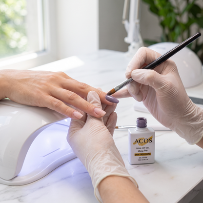 Nail technician applying ACOS Dark Grey Purple gel