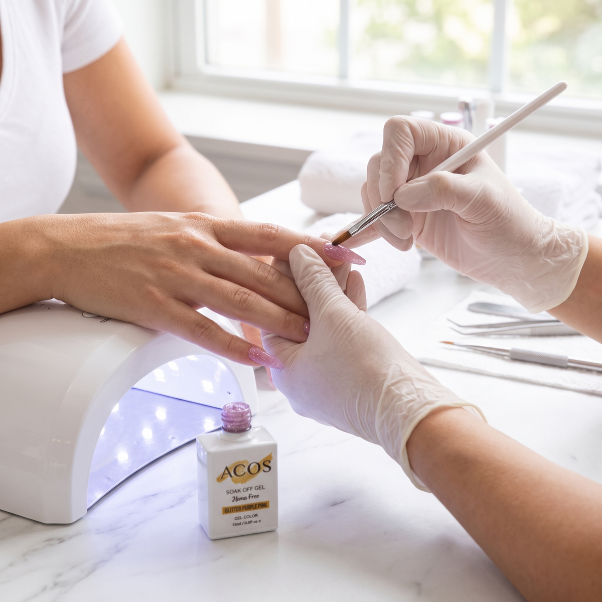 Nail technician applying ACOS Glitter Purple Pink 087 gel polish