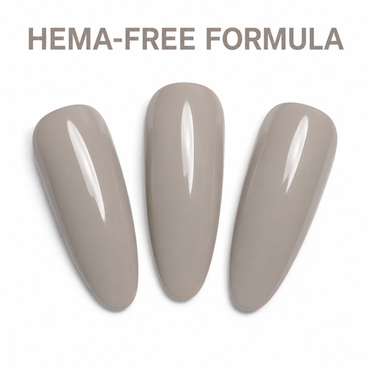 ACOS HF022 warm taupe-grey nail swatches with HEMA-Free Formula benefit text