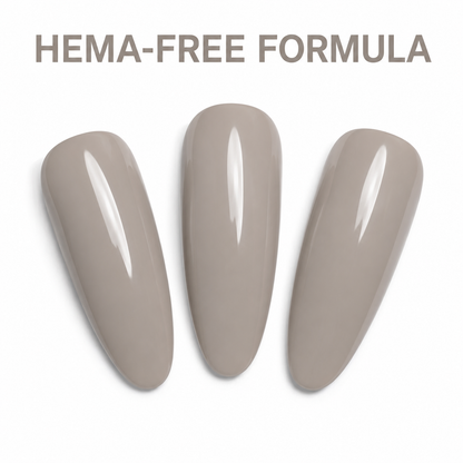 ACOS HF022 warm taupe-grey nail swatches with HEMA-Free Formula benefit text