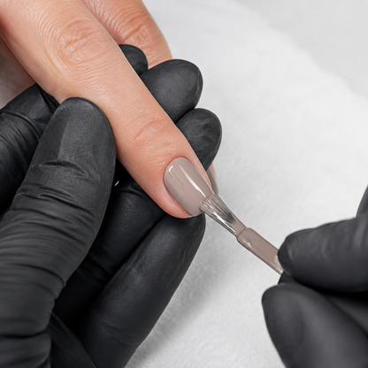 Professional application of ACOS HF022 warm taupe-grey HEMA-free gel colour