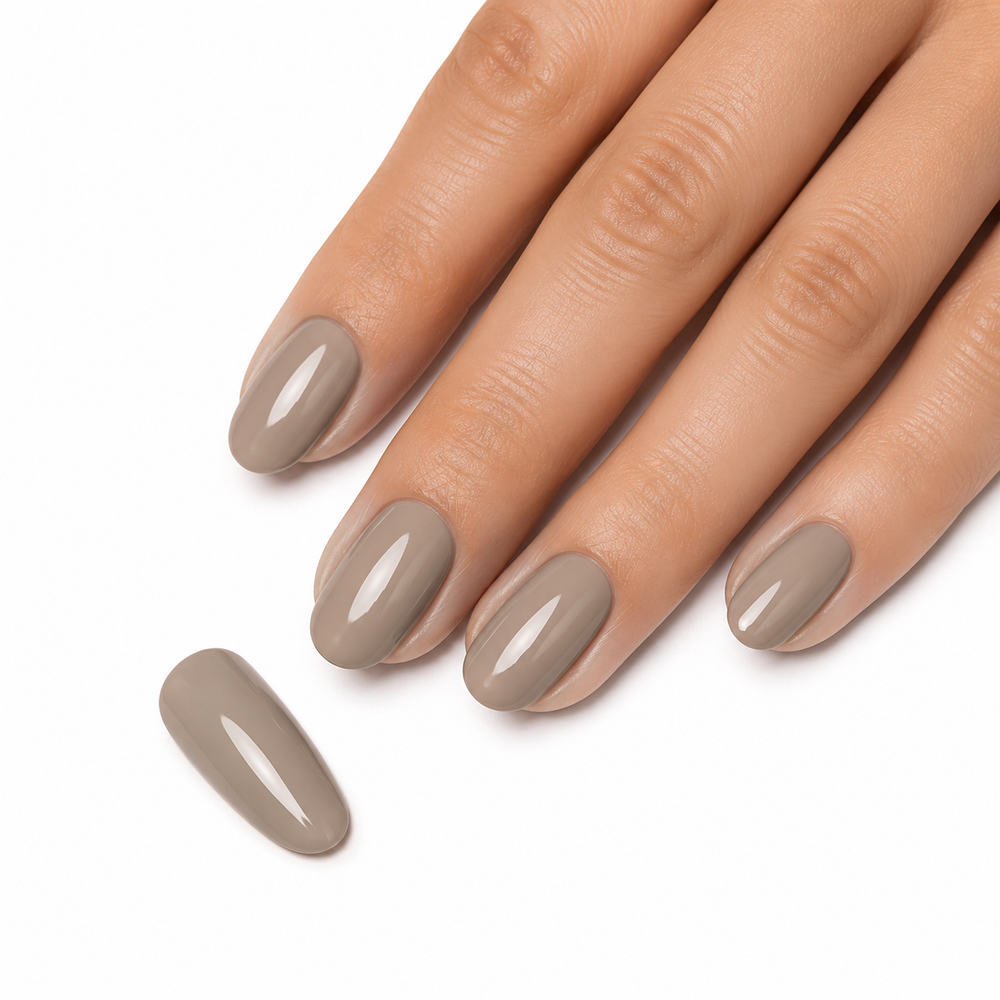 Finished ACOS HF022 warm taupe-grey manicure with matching nail swatch detail